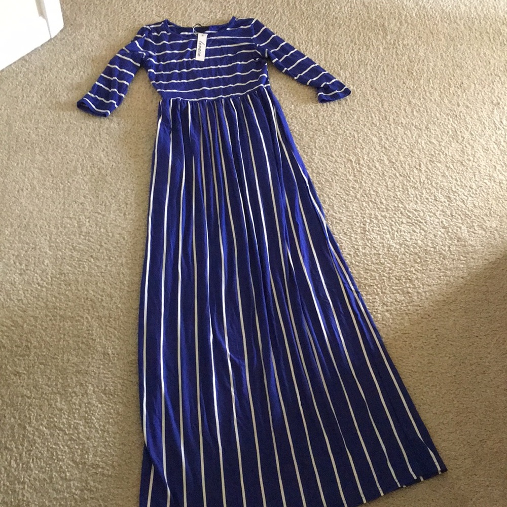 Blue and white striped maxi dress